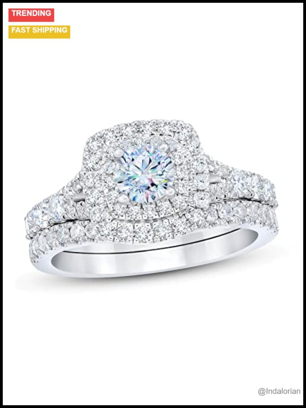 Platinum Plated Silver Moissanite Bridal Ring Set Halo Cathedral Engagement